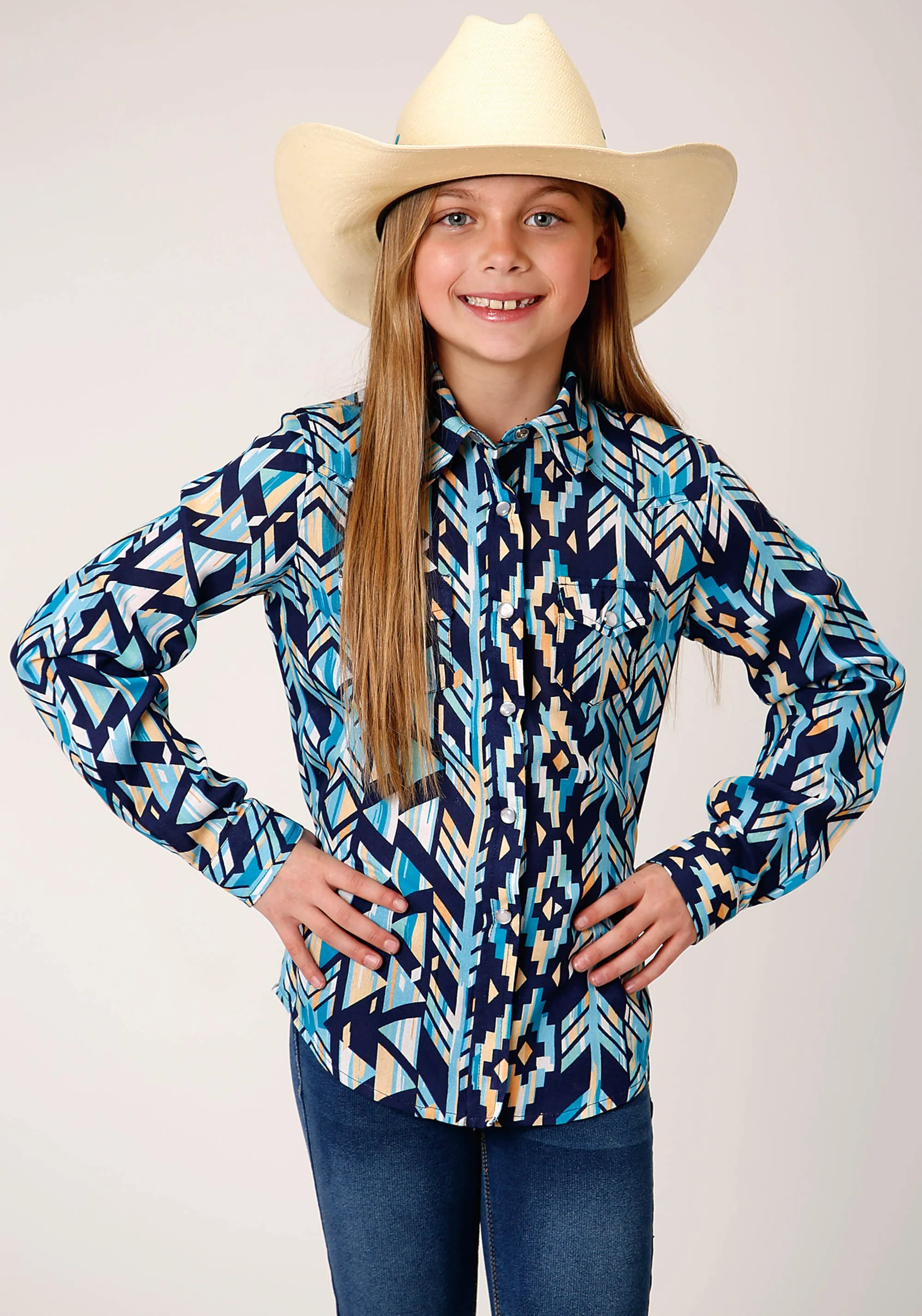 GIRLS LONG SLEEVE SNAP MODERN AZTEC PRINT SHIRT