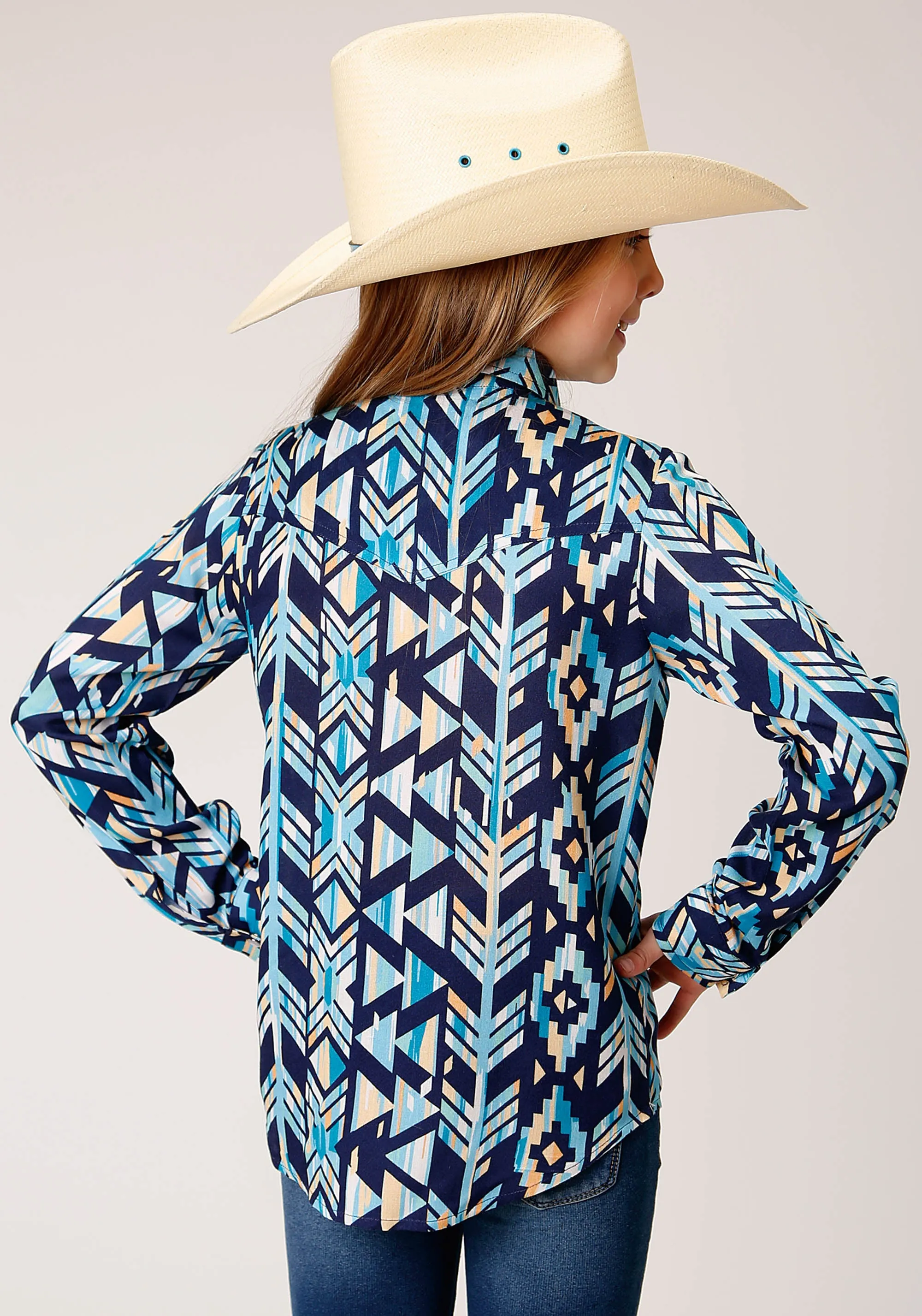 GIRLS LONG SLEEVE SNAP MODERN AZTEC PRINT SHIRT