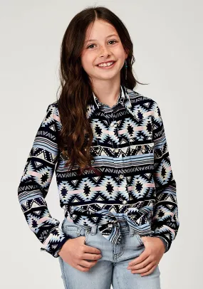 GIRLS LONG SLEEVE SNAP NAVY AZTEC PRINTED RAYON WESTERN BLOUSE