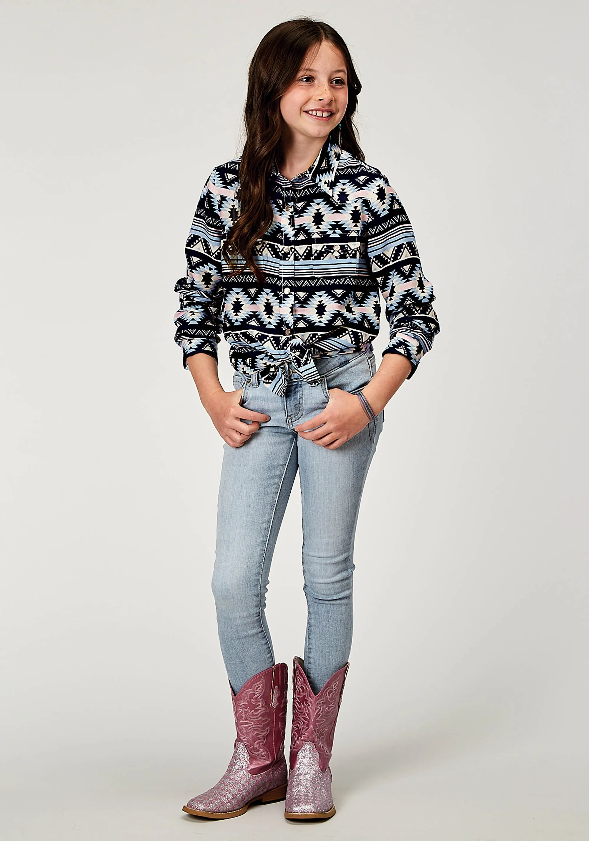 GIRLS LONG SLEEVE SNAP NAVY AZTEC PRINTED RAYON WESTERN BLOUSE