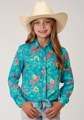GIRLS LONG SLEEVE SNAP TROPICAL AZTEC PRINT RAYON WESTERN SHIRT