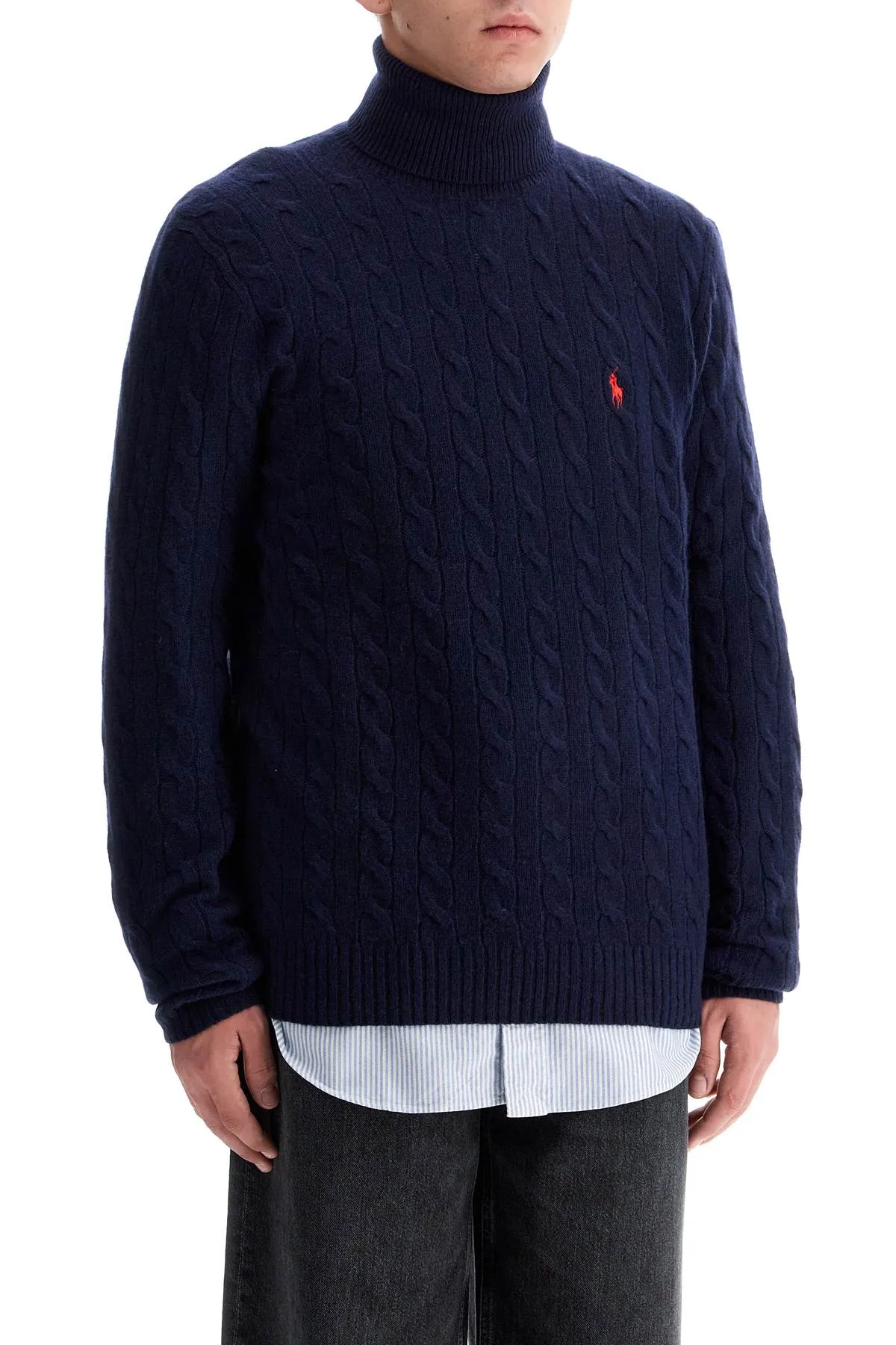 HIGH-NECK WOOL AND CASHMERE CABLE-KNIT PULLOVER SWEATER