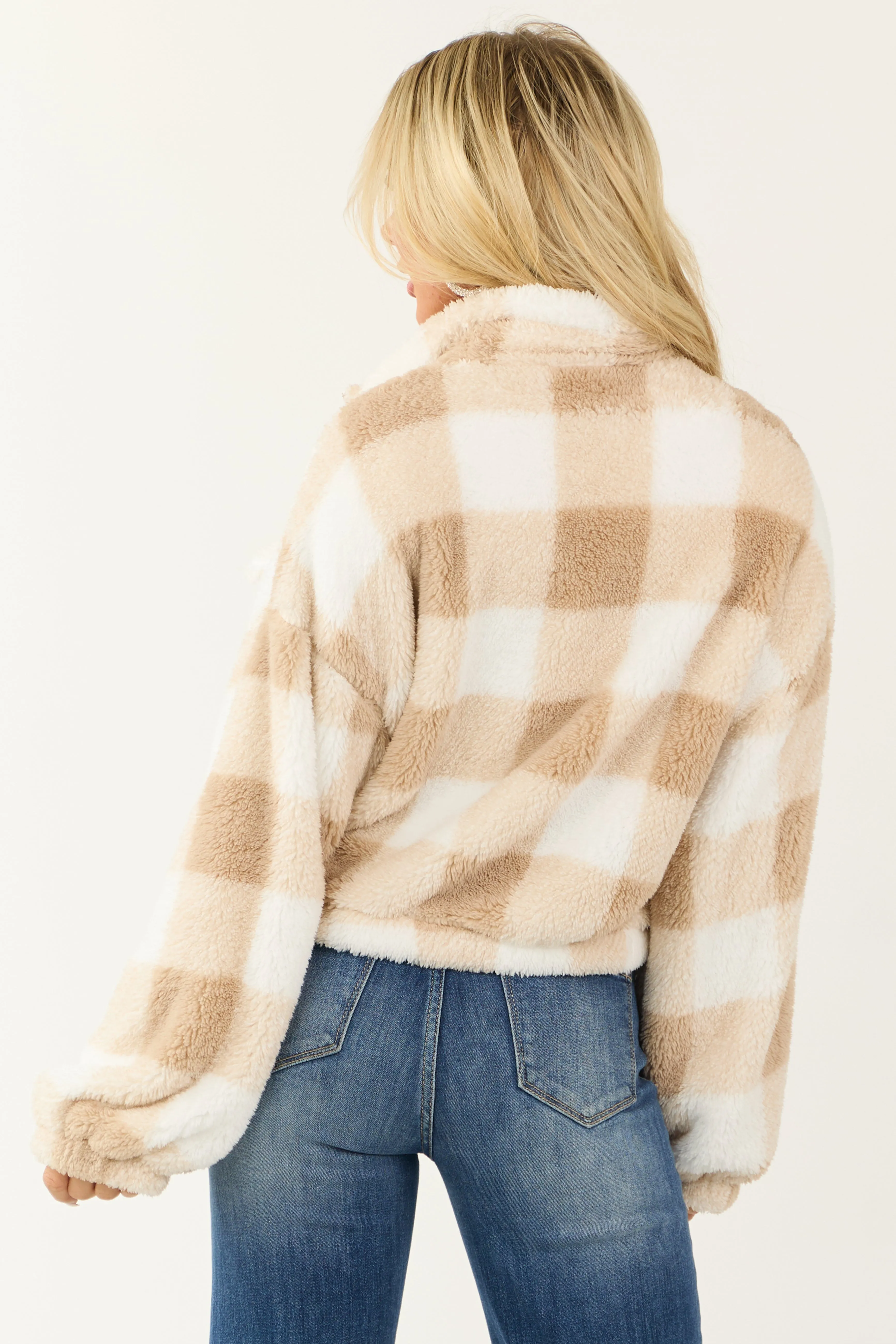 Latte and Ivory Plaid Fuzzy Zip Up Shacket