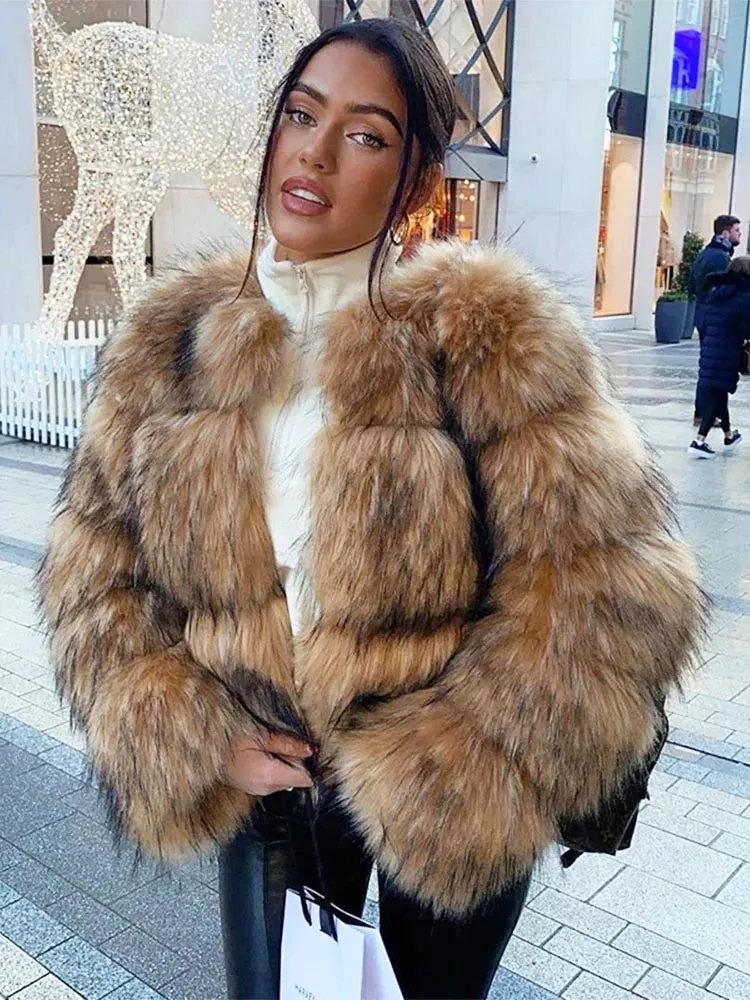 Luxurious Women’s Faux Raccoon Fur Coat – Short Plush Fluffy Jacket for Winter Fashion