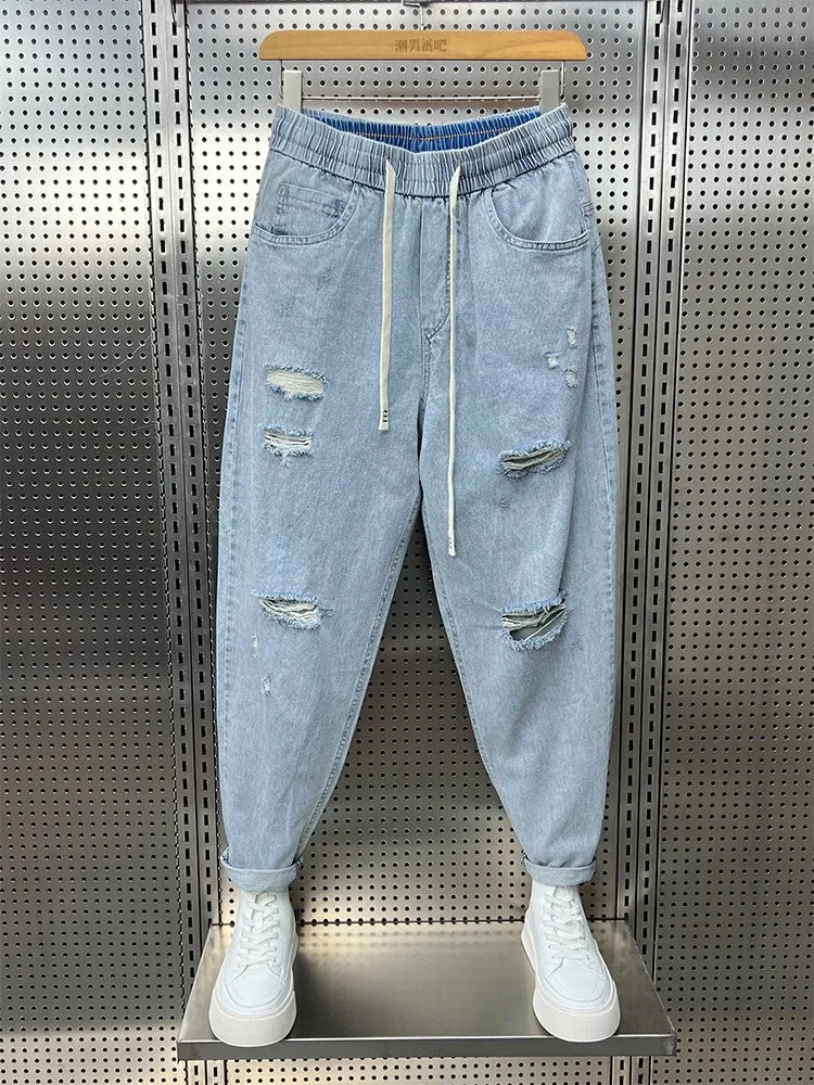 Men's thin distressed jeans