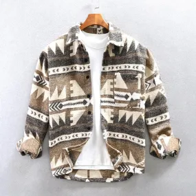 Men's Vintage Japanese Color Matching Woolen Casual Shirt Coat for Autumn Winter