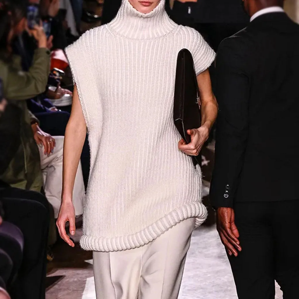 Minimalist Solid Turtle Neck Cap Sleeve Ribbed Knit Pullover Sweater Vest