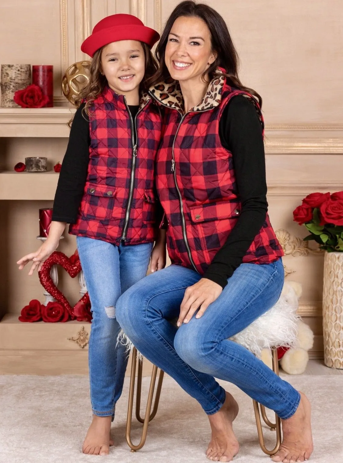 Mommy And Me Leopard Lined Plaid Quilted Vest