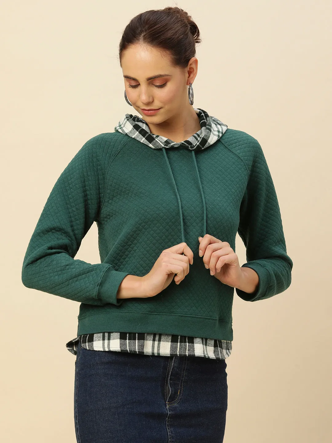 Quilted Faux Layered Look Sweatshirt W/ Plaid Hoodie