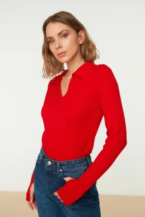 Red Sleeve End Detailed Polo Neck Knitwear Sweater