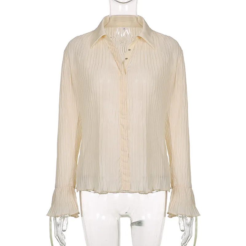 Retro vintage pleated slim waist women blouse split flared sleeves lapel collar single-breasted shirt
