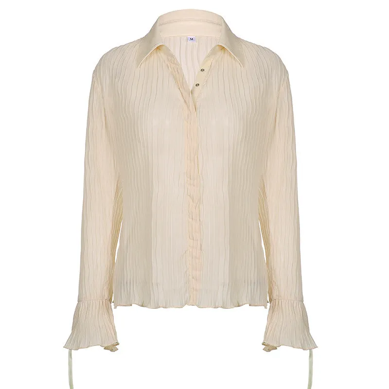 Retro vintage pleated slim waist women blouse split flared sleeves lapel collar single-breasted shirt