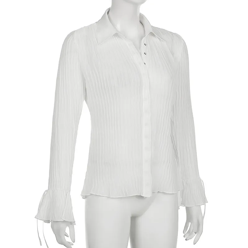 Retro vintage pleated slim waist women blouse split flared sleeves lapel collar single-breasted shirt