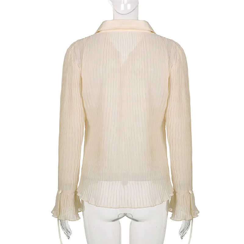 Retro vintage pleated slim waist women blouse split flared sleeves lapel collar single-breasted shirt