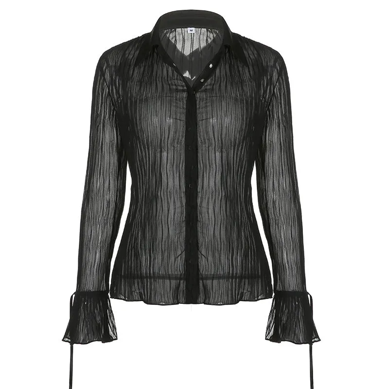 Retro vintage pleated slim waist women blouse split flared sleeves lapel collar single-breasted shirt