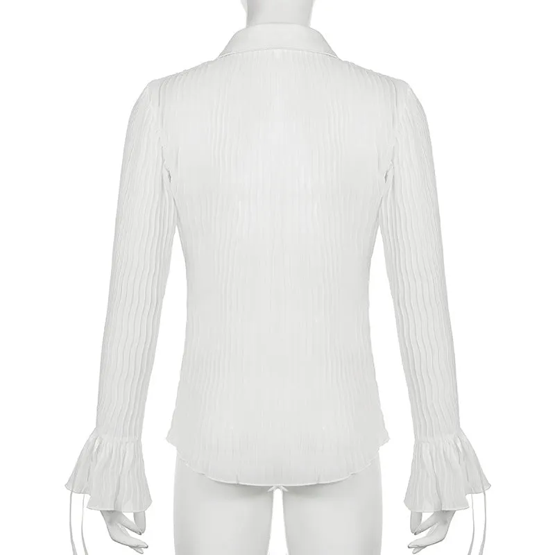Retro vintage pleated slim waist women blouse split flared sleeves lapel collar single-breasted shirt