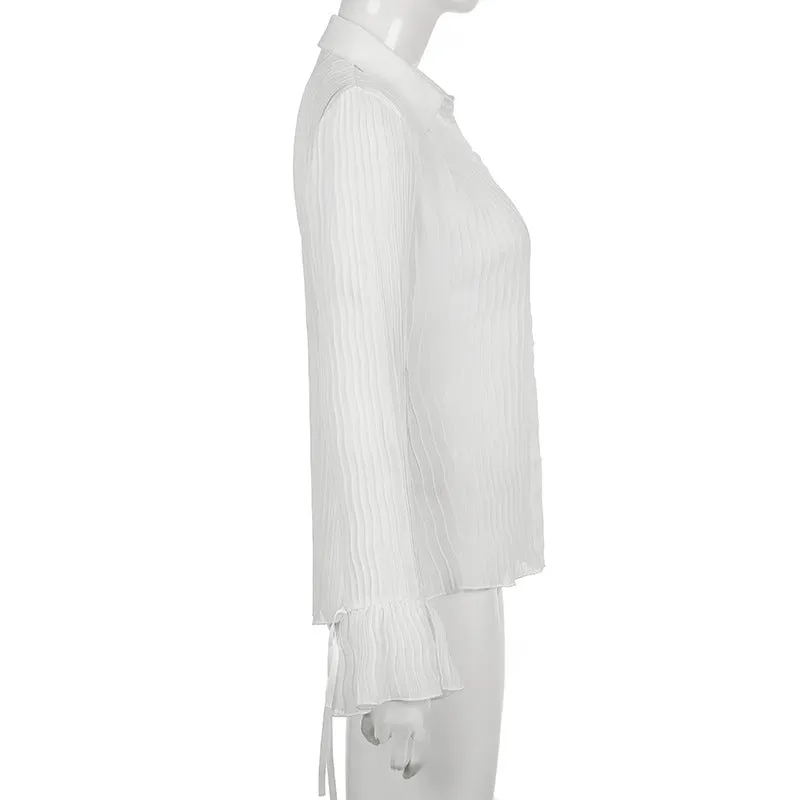 Retro vintage pleated slim waist women blouse split flared sleeves lapel collar single-breasted shirt