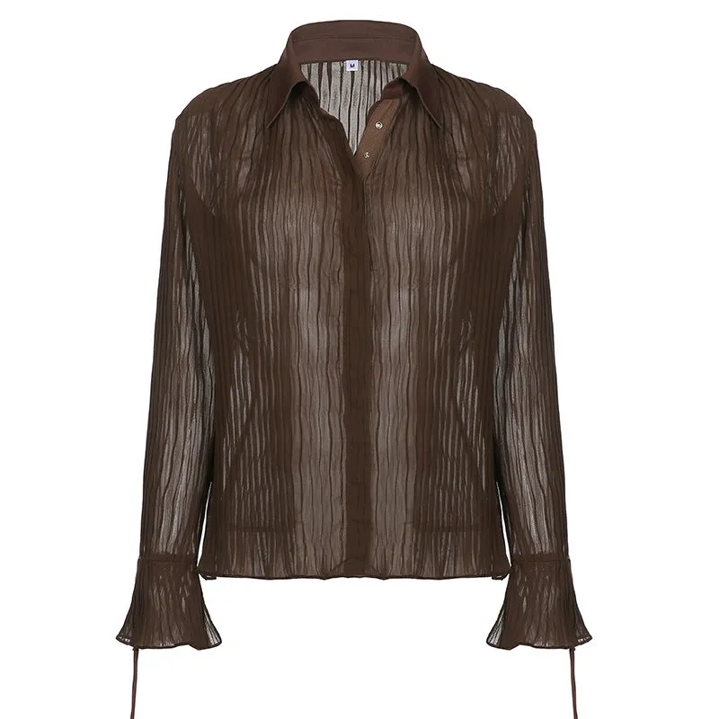 Retro vintage pleated slim waist women blouse split flared sleeves lapel collar single-breasted shirt