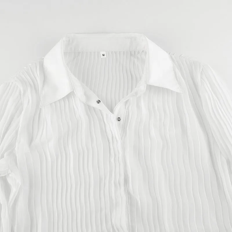 Retro vintage pleated slim waist women blouse split flared sleeves lapel collar single-breasted shirt