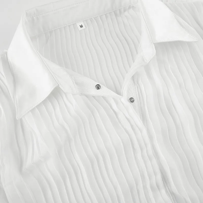 Retro vintage pleated slim waist women blouse split flared sleeves lapel collar single-breasted shirt
