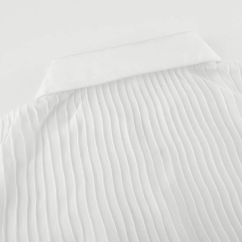 Retro vintage pleated slim waist women blouse split flared sleeves lapel collar single-breasted shirt