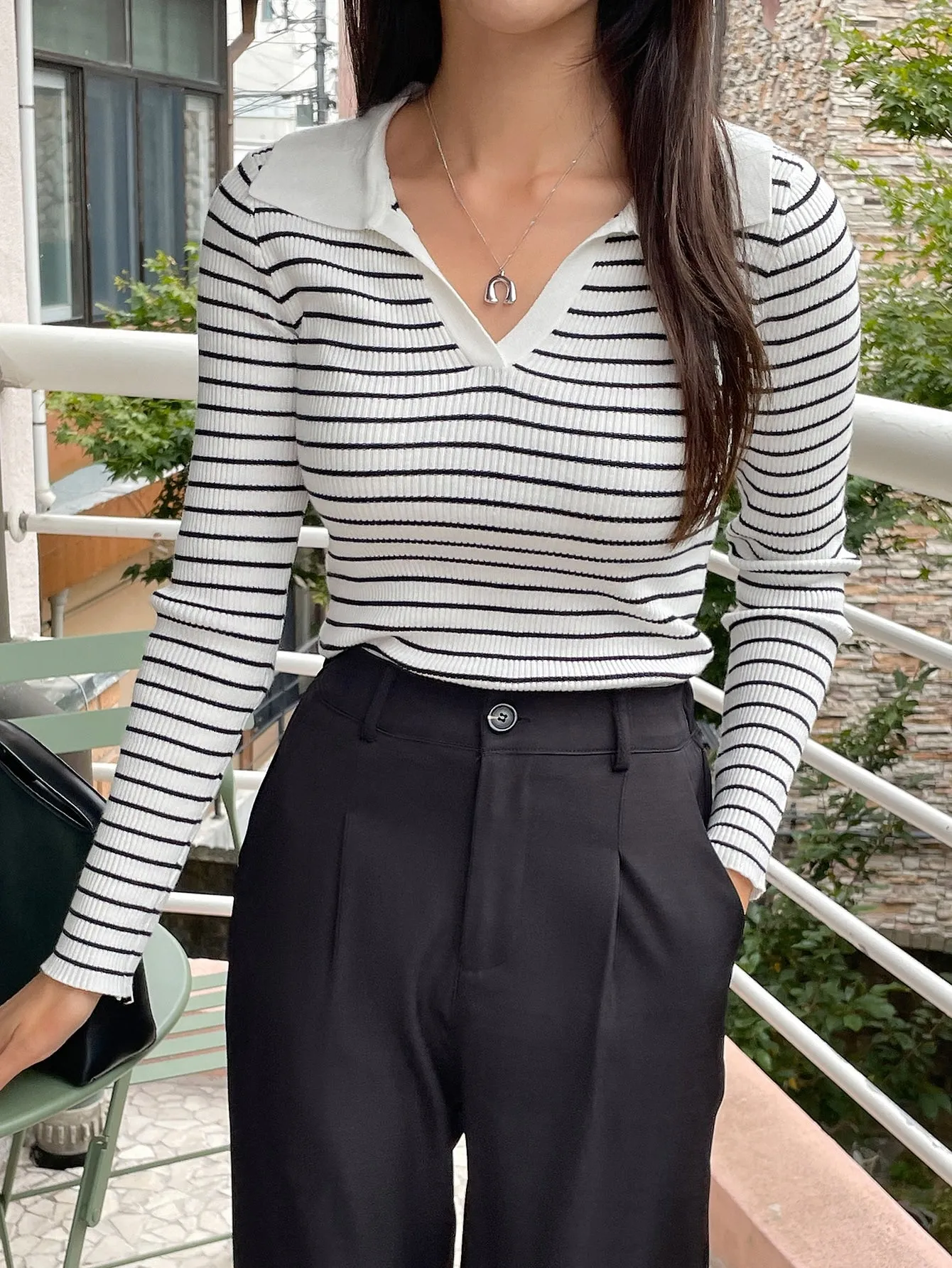 SHEIN DAZY Striped Pattern Ribbed Knit Sweater
