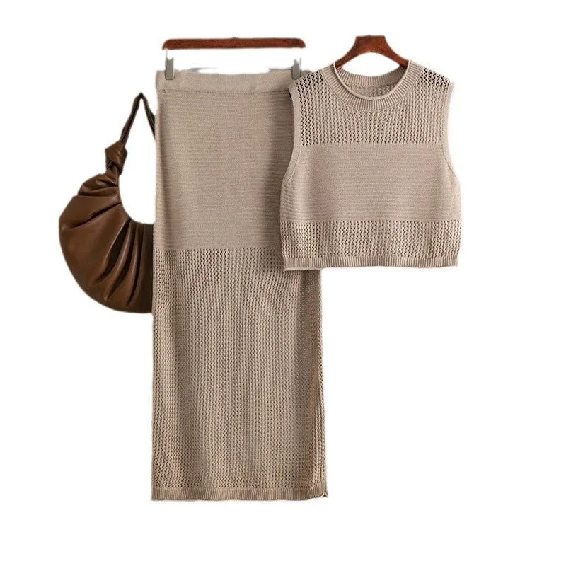 Slim hollow sleeveless vest suit 2025 summer new knitted slit skirt two-piece suit