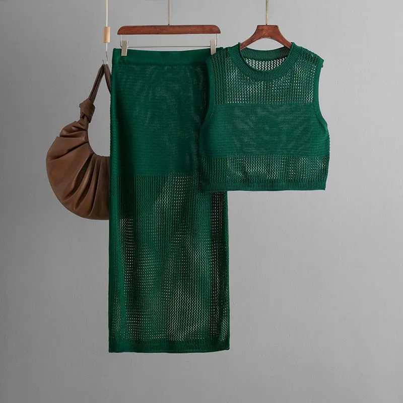 Slim hollow sleeveless vest suit 2025 summer new knitted slit skirt two-piece suit