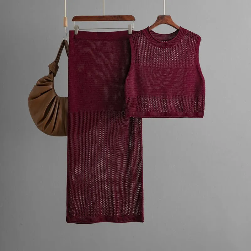 Slim hollow sleeveless vest suit 2025 summer new knitted slit skirt two-piece suit