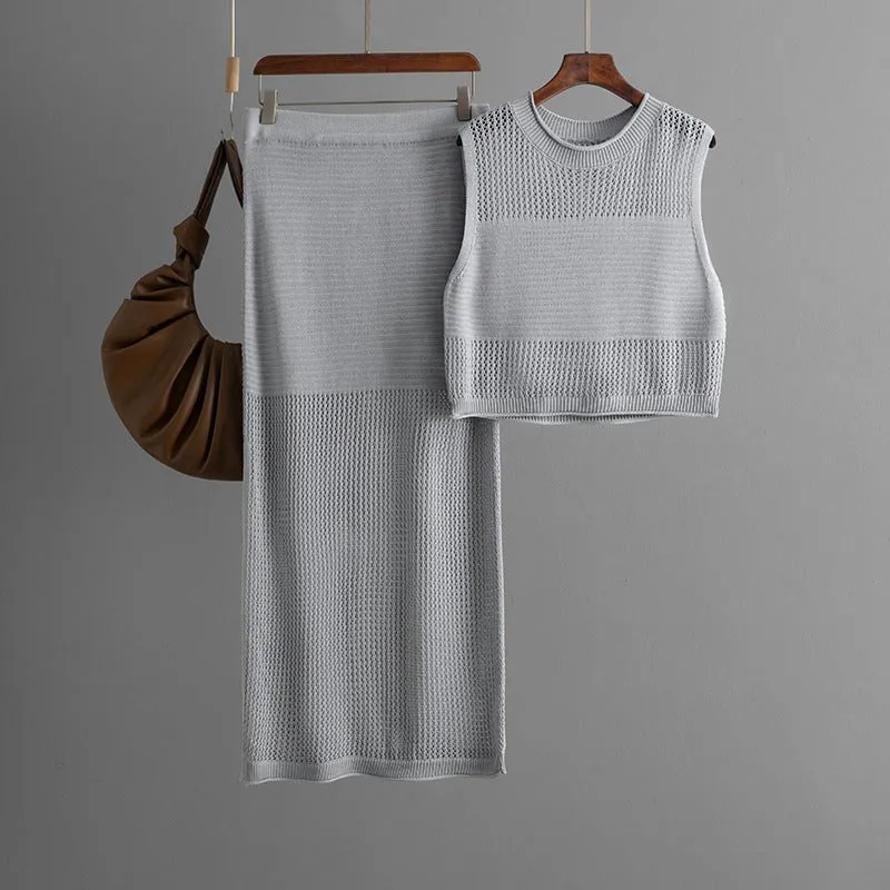 Slim hollow sleeveless vest suit 2025 summer new knitted slit skirt two-piece suit