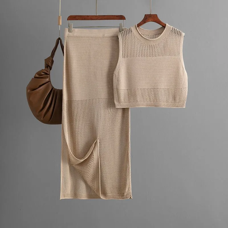 Slim hollow sleeveless vest suit 2025 summer new knitted slit skirt two-piece suit