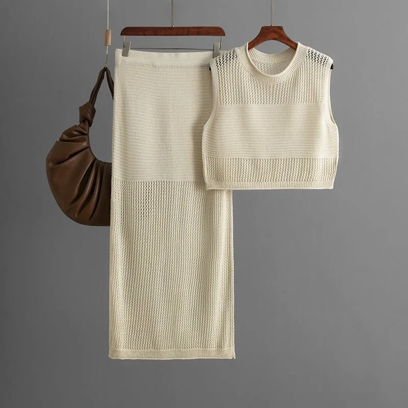 Slim hollow sleeveless vest suit 2025 summer new knitted slit skirt two-piece suit