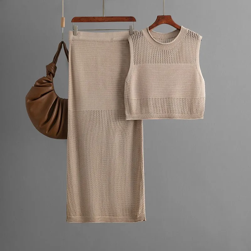 Slim hollow sleeveless vest suit 2025 summer new knitted slit skirt two-piece suit
