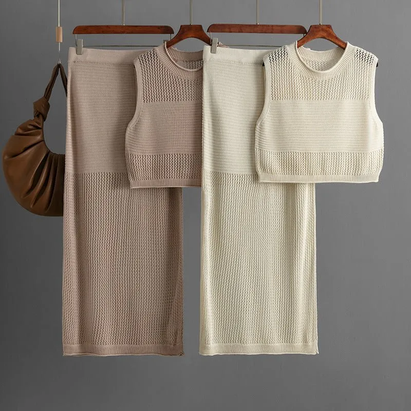 Slim hollow sleeveless vest suit 2025 summer new knitted slit skirt two-piece suit