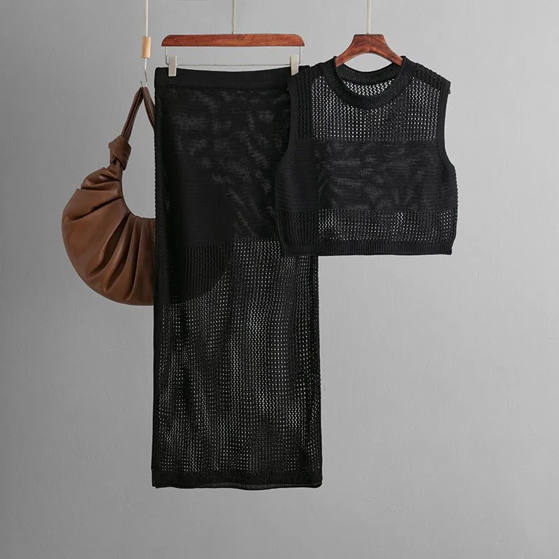 Slim hollow sleeveless vest suit 2025 summer new knitted slit skirt two-piece suit