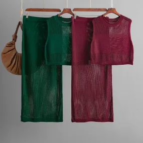 Slim hollow sleeveless vest suit 2025 summer new knitted slit skirt two-piece suit