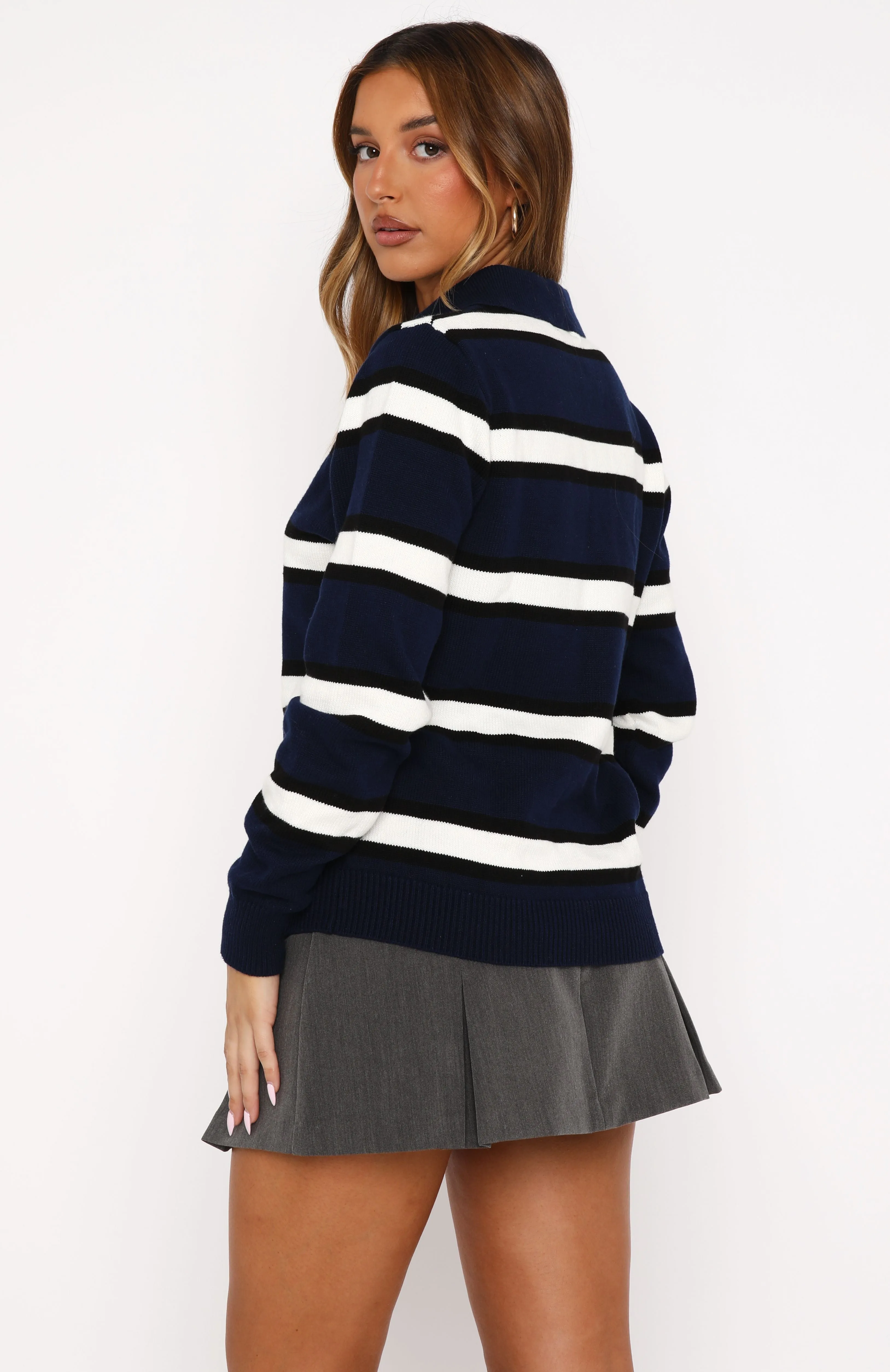 Standing Tall Knitted Polo Sweater Navy Stripe