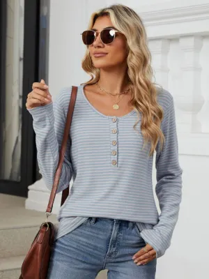Striped Half Button Long Sleeve T-Shirt