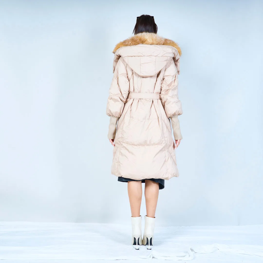 Stylish belted puffer duck down coat with fur trim wholesale