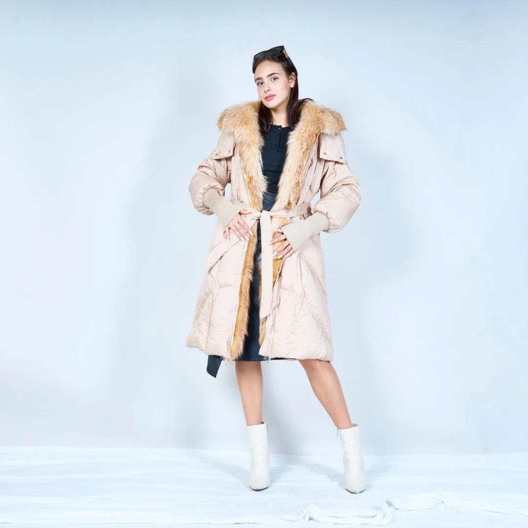 Stylish belted puffer duck down coat with fur trim wholesale