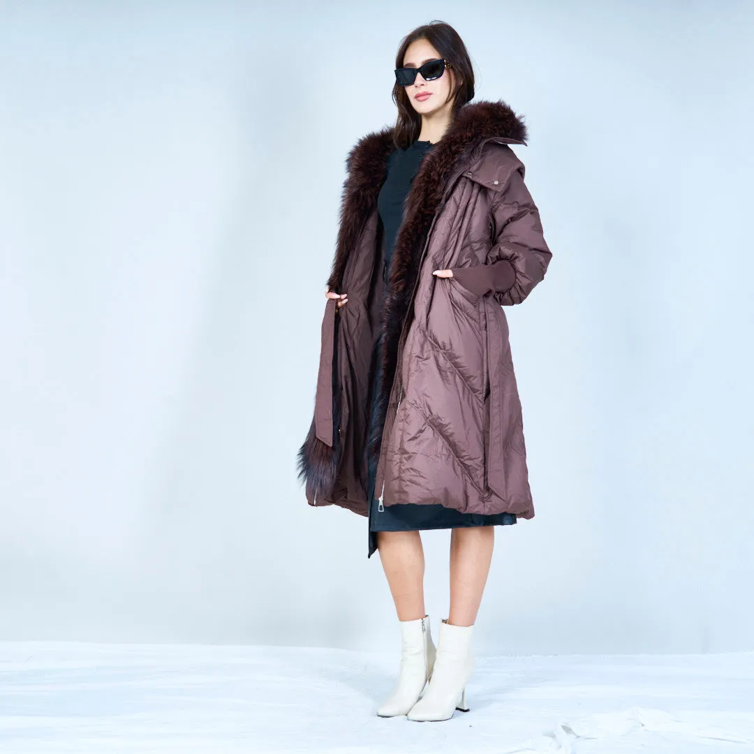 Stylish belted puffer duck down coat with fur trim wholesale