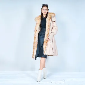 Stylish belted puffer duck down coat with fur trim wholesale