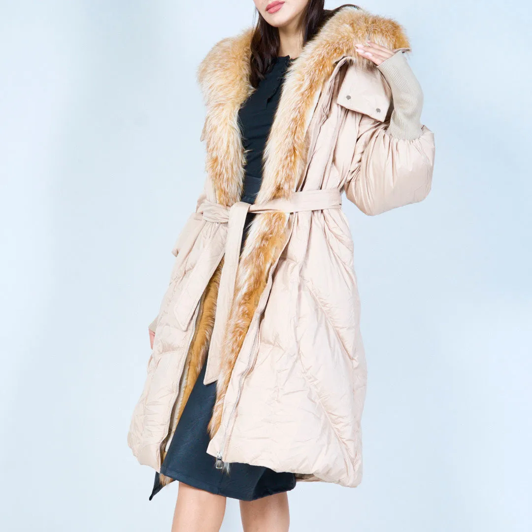 Stylish belted puffer duck down coat with fur trim wholesale