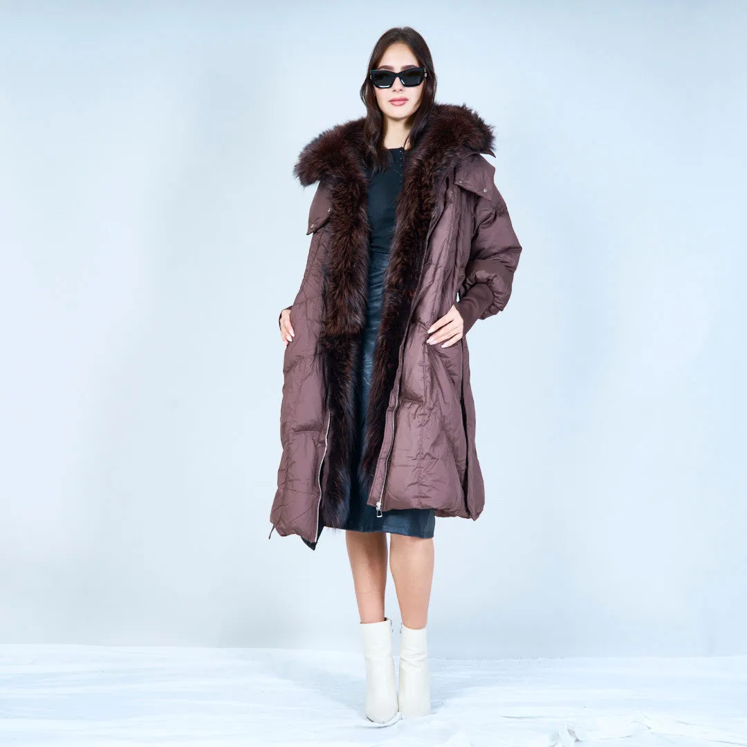 Stylish belted puffer duck down coat with fur trim wholesale