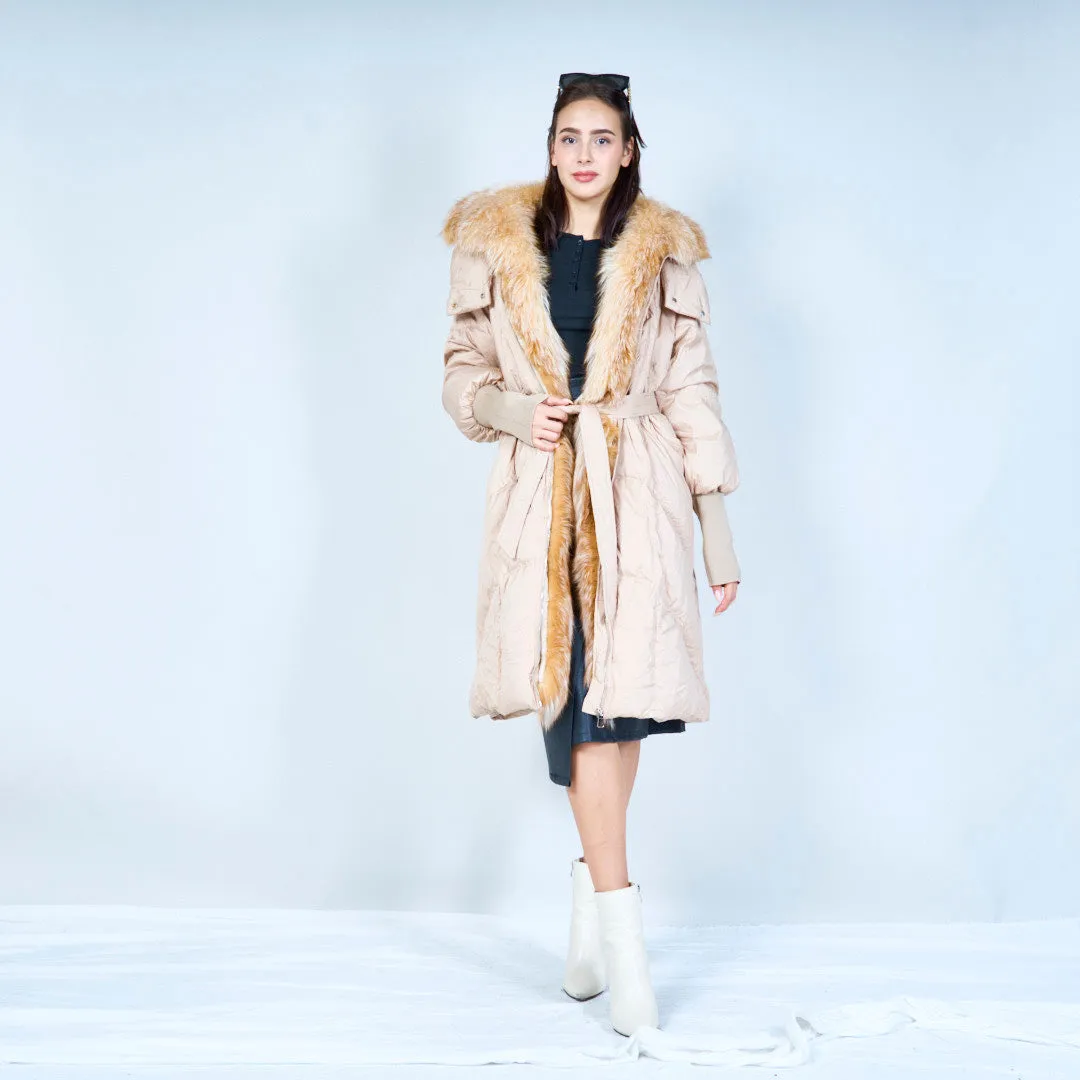 Stylish belted puffer duck down coat with fur trim wholesale