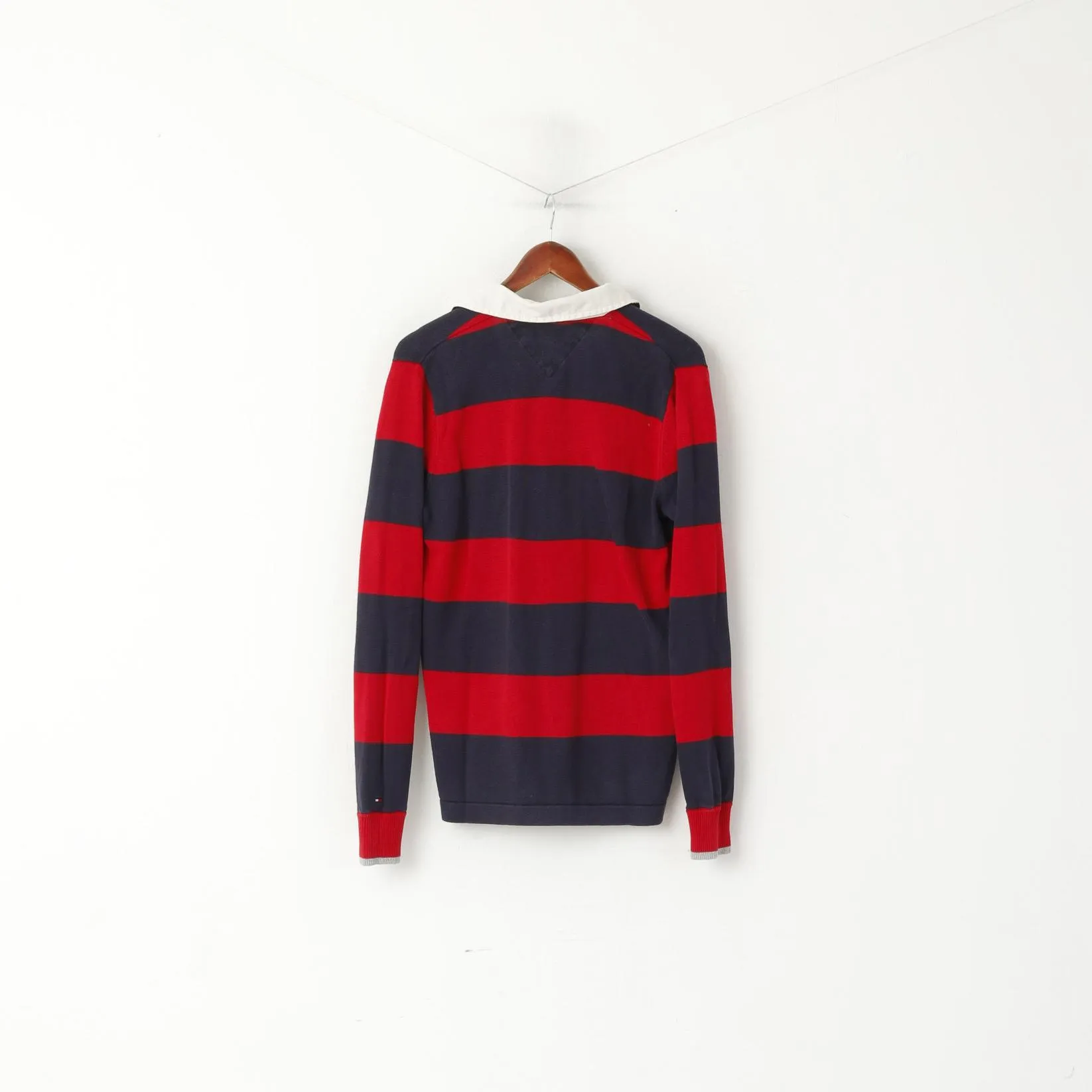 Tommy Hilfiger Men S Jumper Red Navy Striped Cotton Long Sleeve Polo Sweater