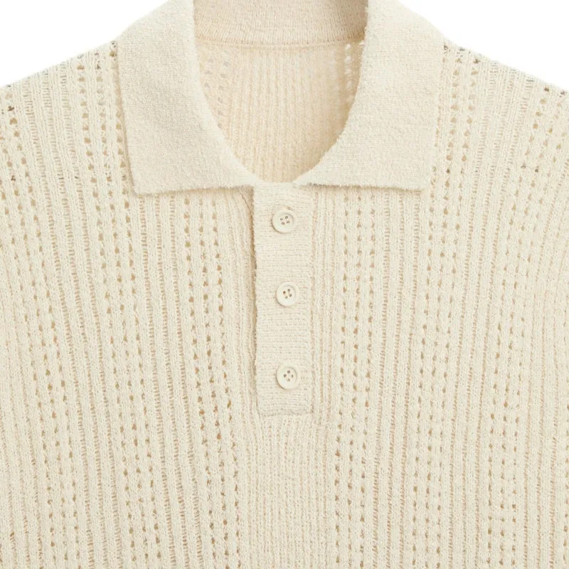 Wholesale Custom Linen Cotton Blend Open Knit Crochet Short Sleeve Polo Button Eyelet Mesh Spring Summer High-End Knitwear