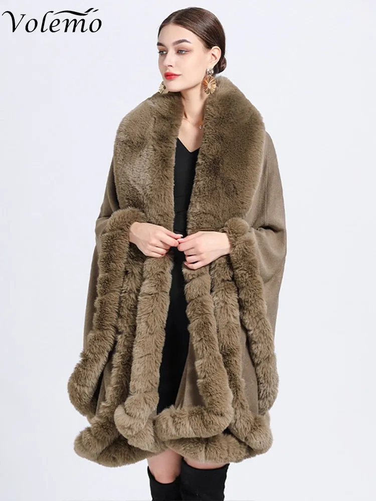 Winter Elegant V Lapel Faux Rex Rabbit Fur Coat Cape Winter Women Big Long Shawl Full Trim Fur Knit Cloak Overcoat Parka
