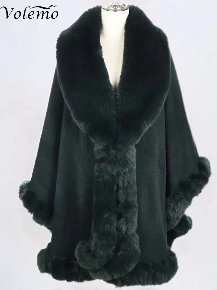 Winter Elegant V Lapel Faux Rex Rabbit Fur Coat Cape Winter Women Big Long Shawl Full Trim Fur Knit Cloak Overcoat Parka