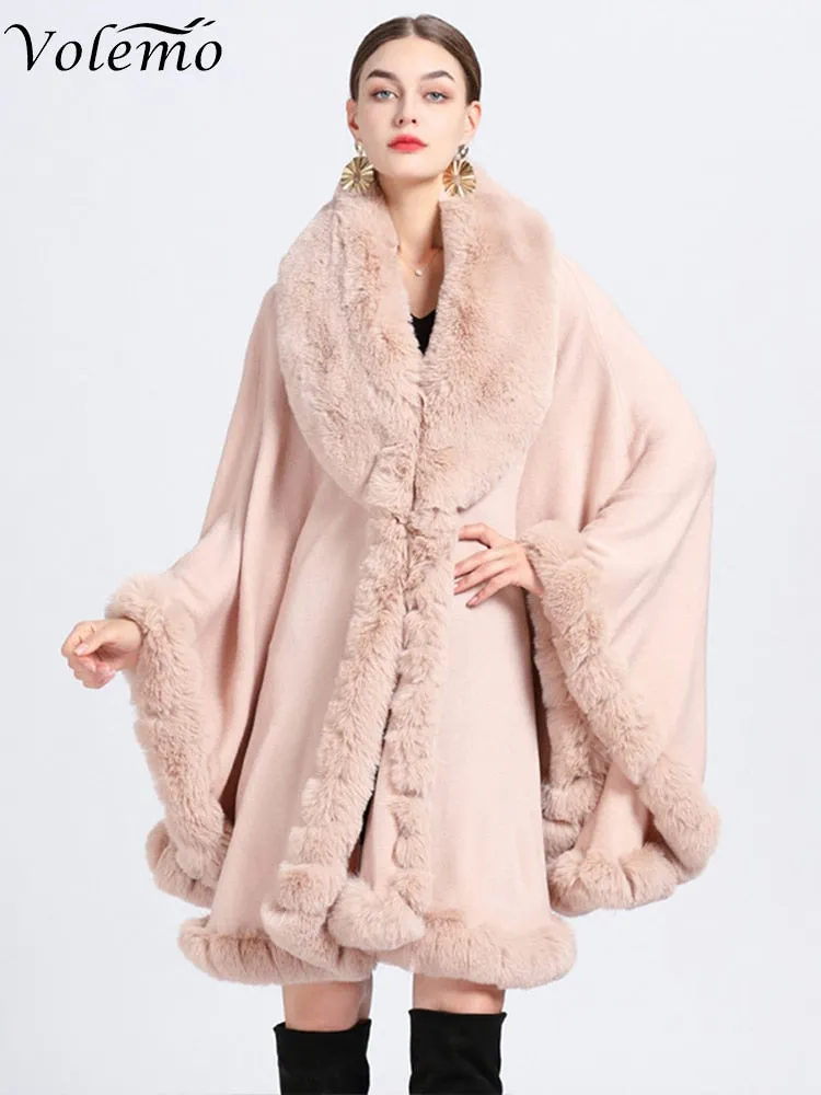Winter Elegant V Lapel Faux Rex Rabbit Fur Coat Cape Winter Women Big Long Shawl Full Trim Fur Knit Cloak Overcoat Parka